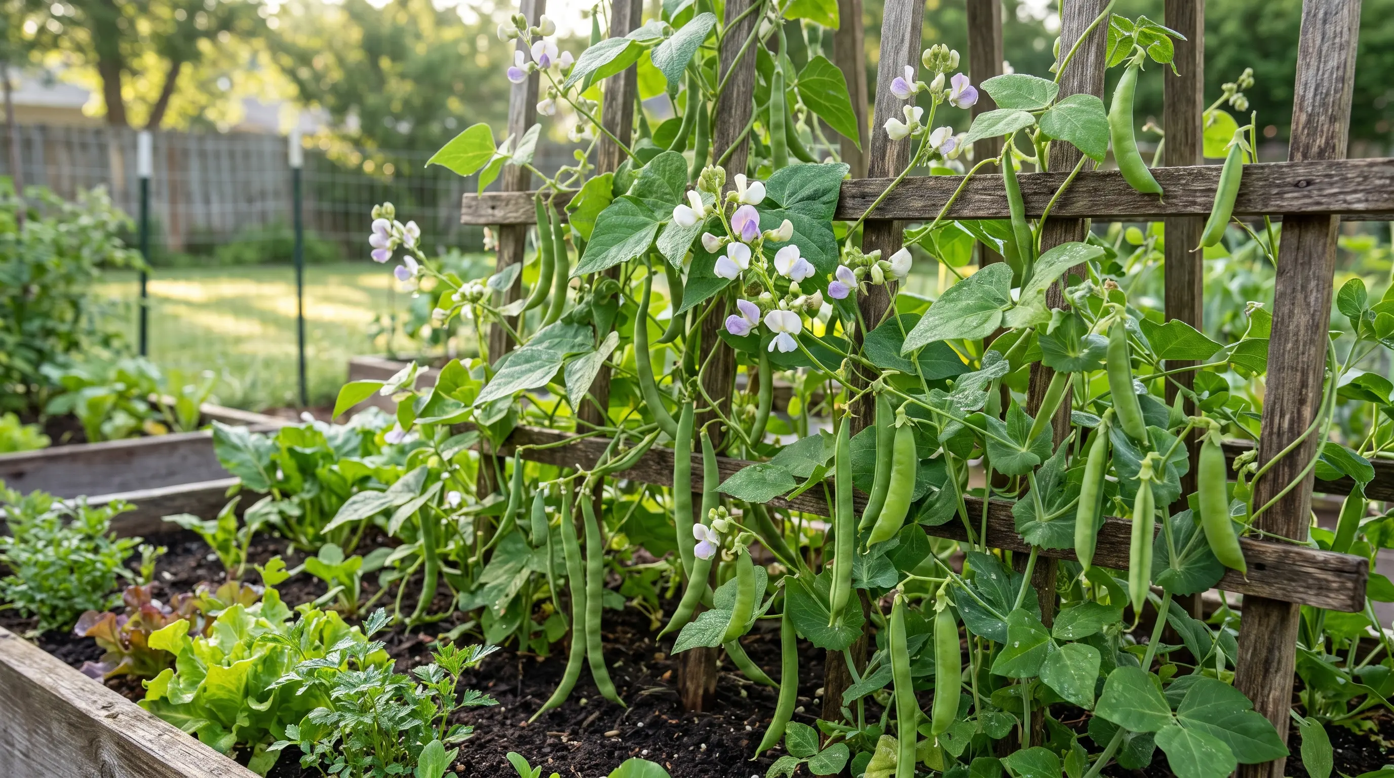 Climbing bean and pea vines with pods growing on a trellis in a home garden