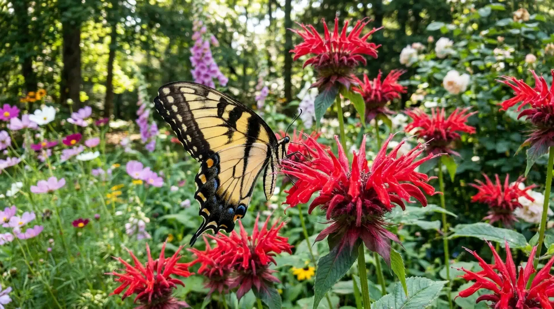 Red bee balm blooms with a swallowtail butterfly among flowers that attract butterflies in gardens.
