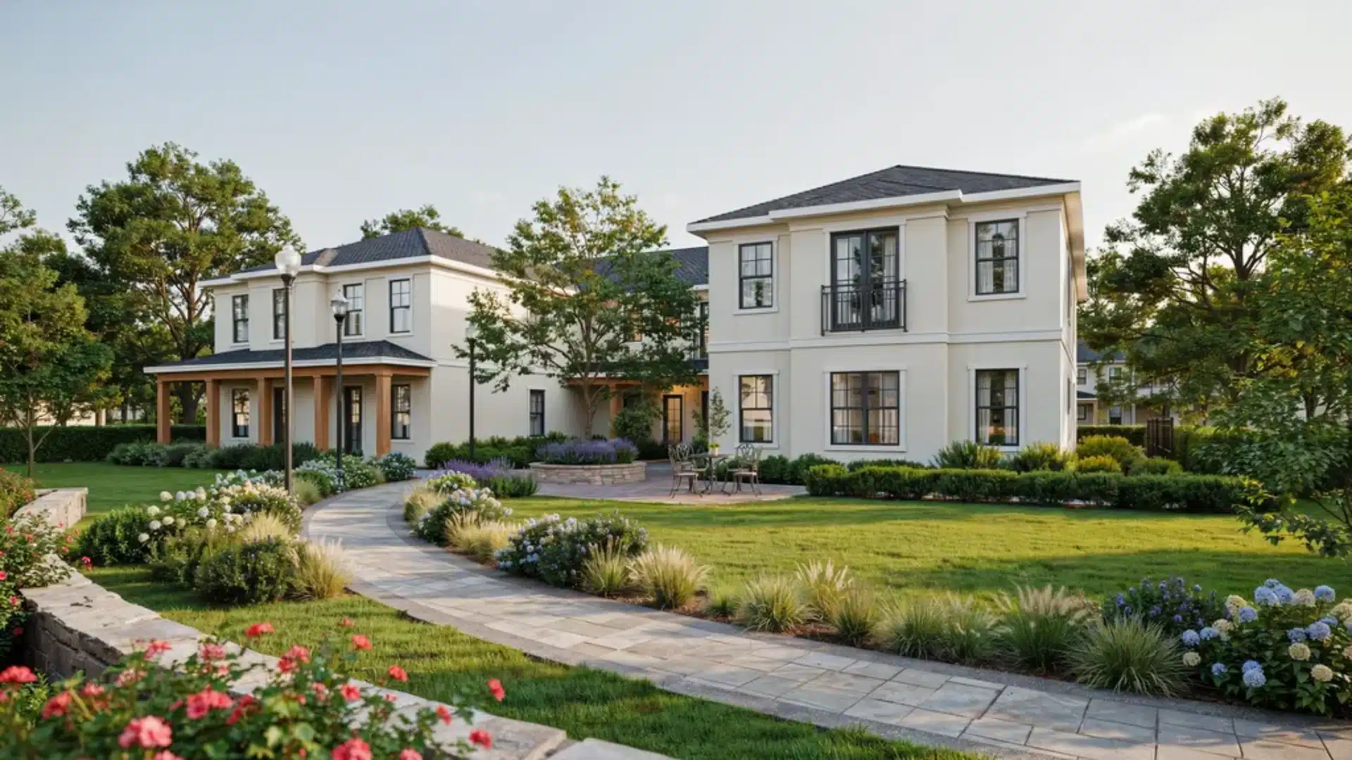 Peaceful garden-style apartment community with green spaces and outdoor living areas.