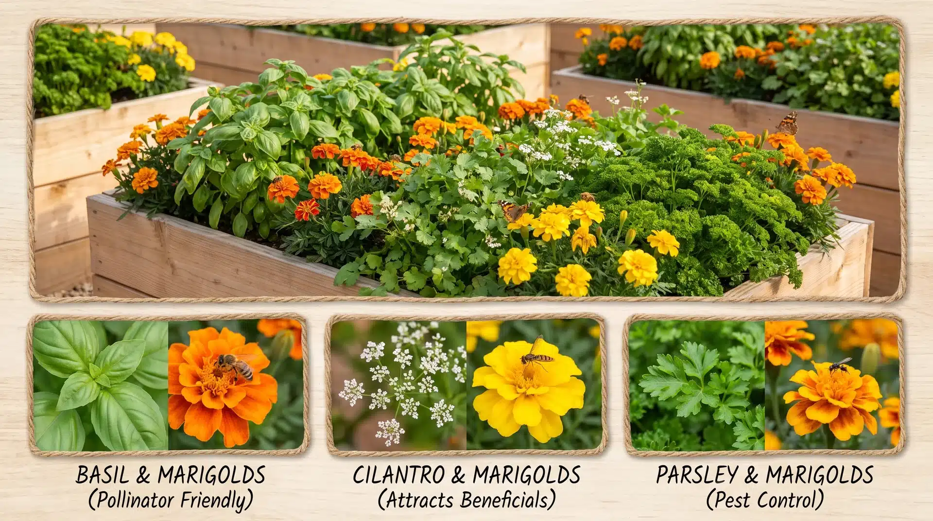 Fresh herb garden with basil, cilantro, and parsley thriving beside marigolds, showing marigold companion planting advantages.