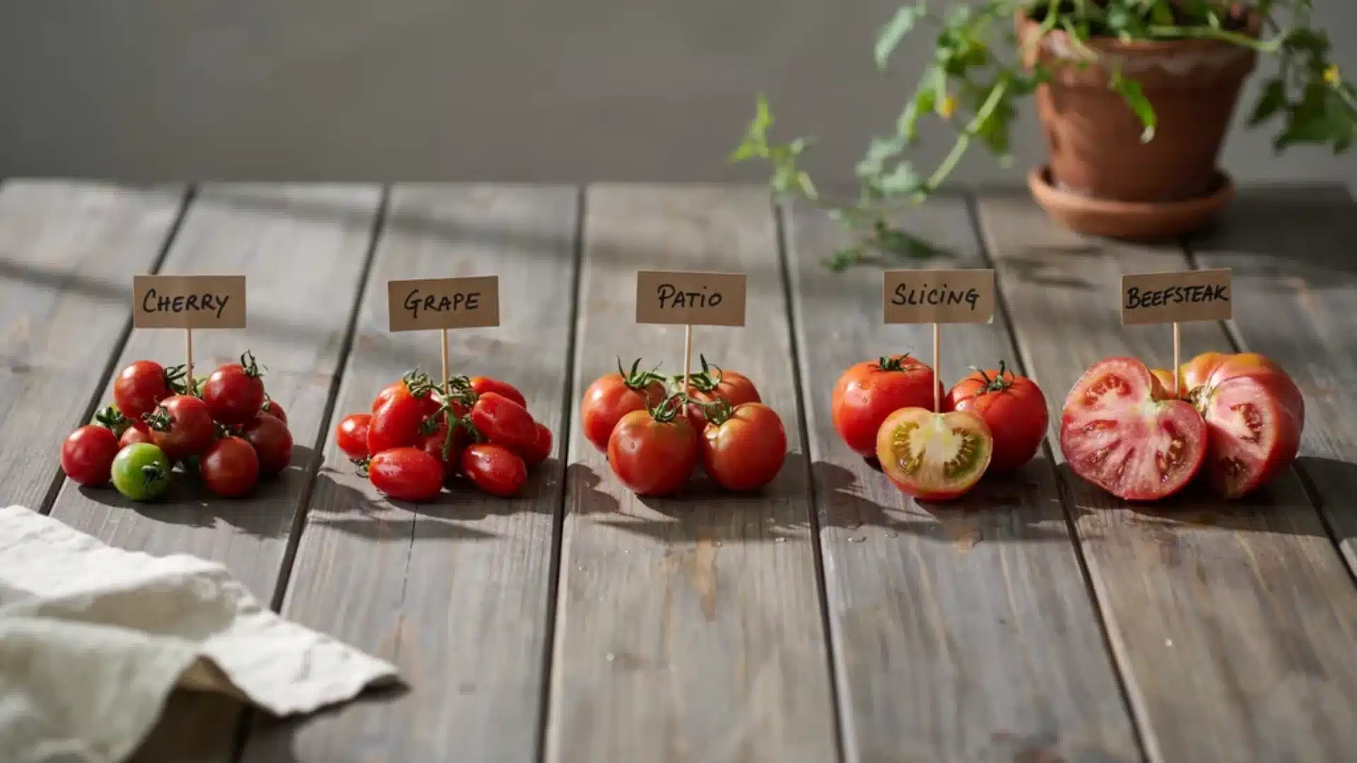 Different tomato varieties displayed on a wooden surface with labeled signs, including cherry, grape, patio, slicing, and beefsteak types.
