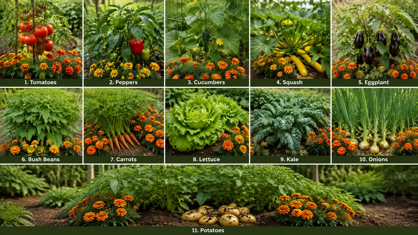 Vegetable garden beds featuring tomatoes, peppers, cucumbers, squash, and eggplant growing with marigolds in marigold companion planting system.