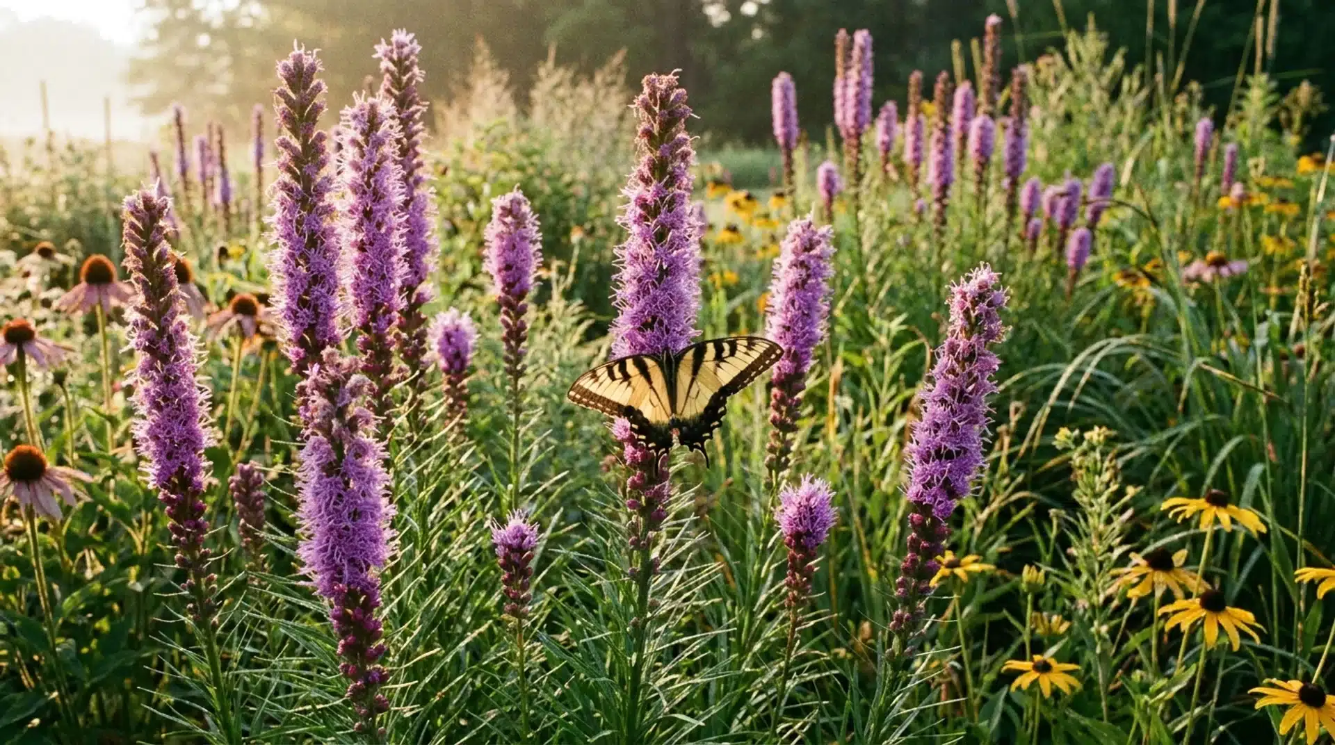 Purple blazing star spikes with butterflies showing flowers that attract butterflies in native gardens.