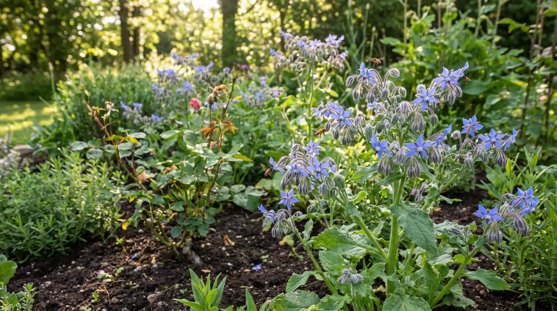 Blue borage flowers attracting ladybugs in rose bed companion plants for roses to keep pests away enhancing pollination.