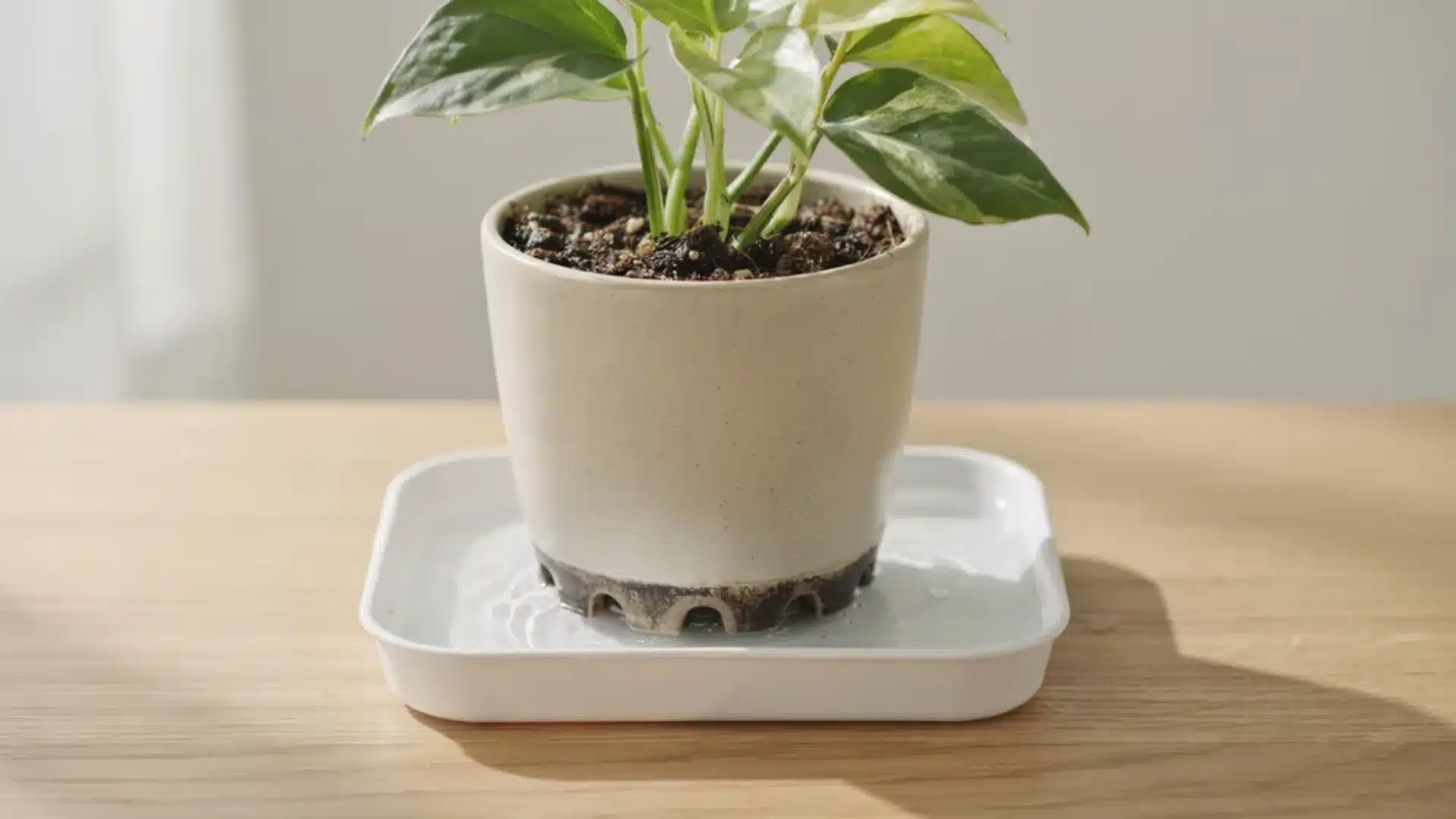Potted houseplant sitting in a shallow tray showing the bottom watering method.