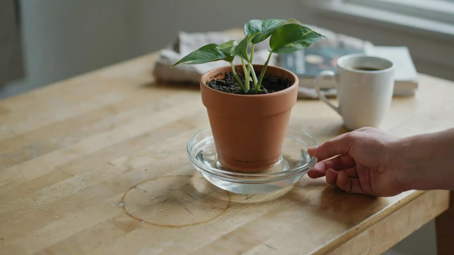 A hand lifts a terracotta plant pot sitting in a shallow water dish, allowing the soil to absorb water from the bottom while the plant rests on a wooden table.