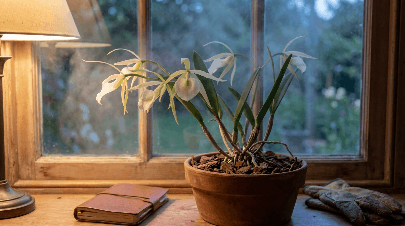 Brassavola orchid with white fragrant flowers and narrow petals displayed in evening indoor lighting.