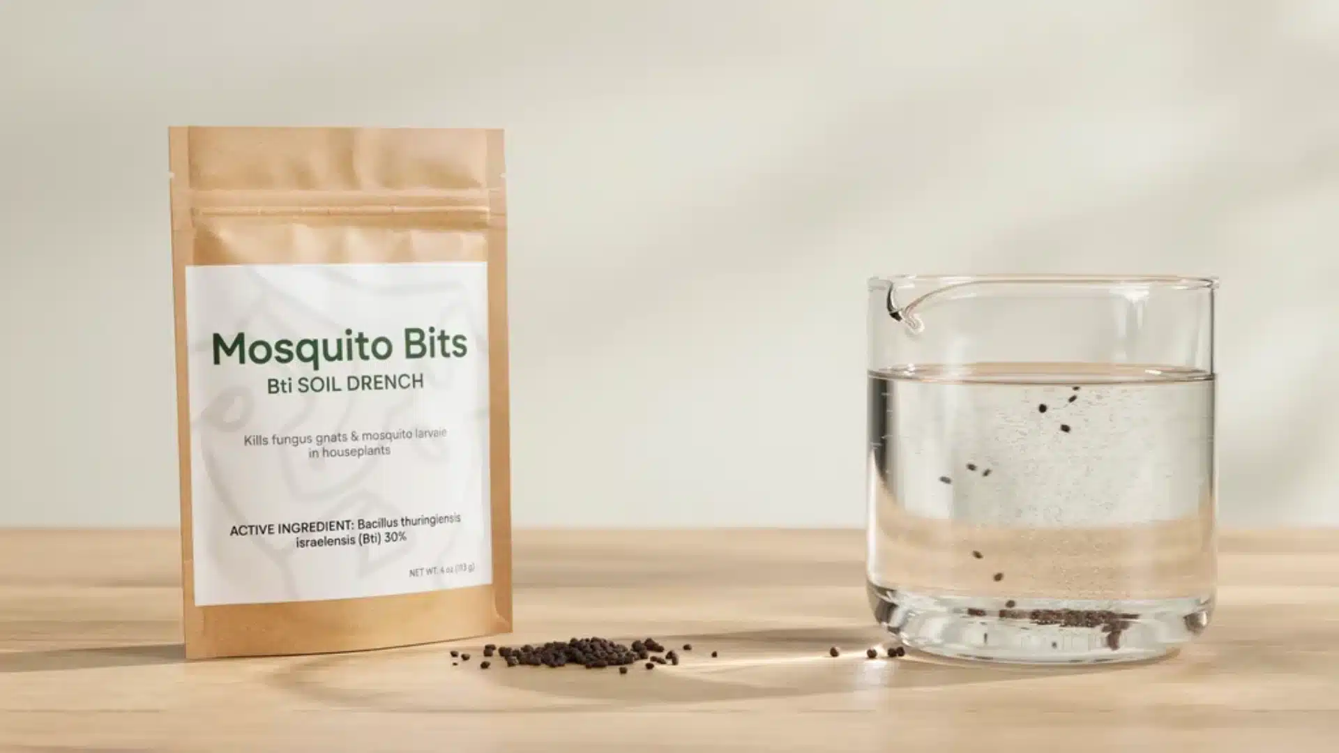 Mosquito Bits BTI soil treatment beside a glass of water with granules used for gnat control.