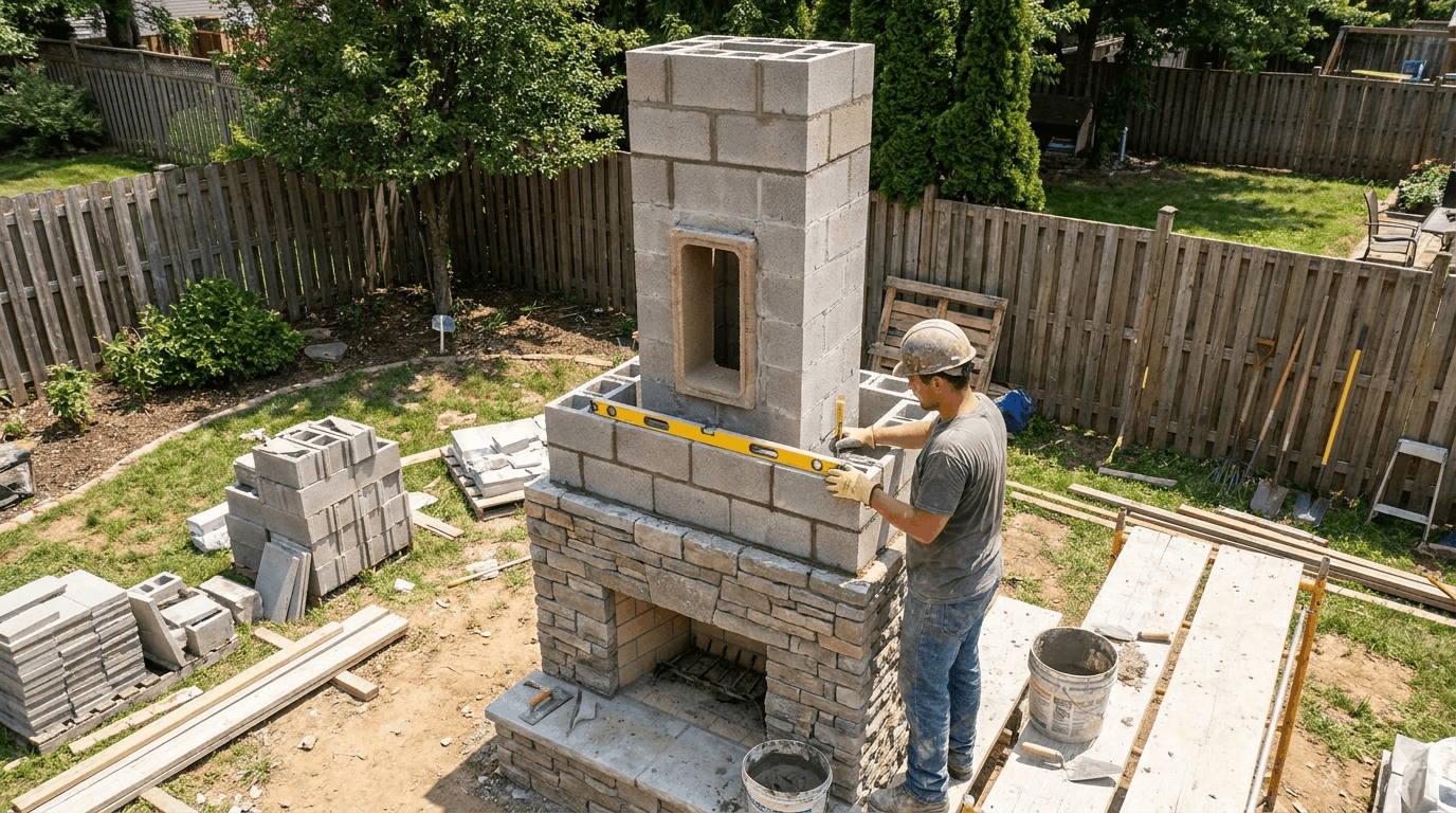 Constructing tall outdoor fireplace chimney with stacked blocks and proper masonry alignment.