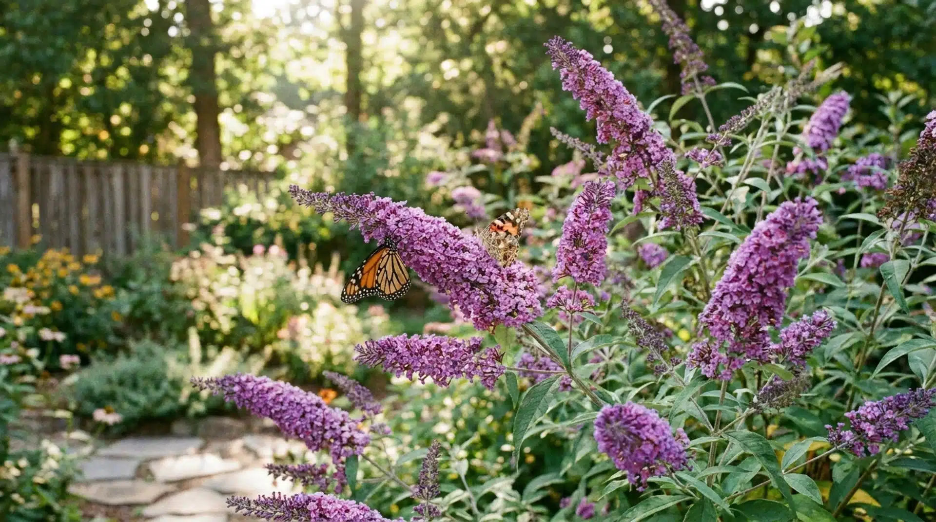 Purple butterfly bush blooms with monarch butterflies among flowers that attract butterflies in sunny yards.