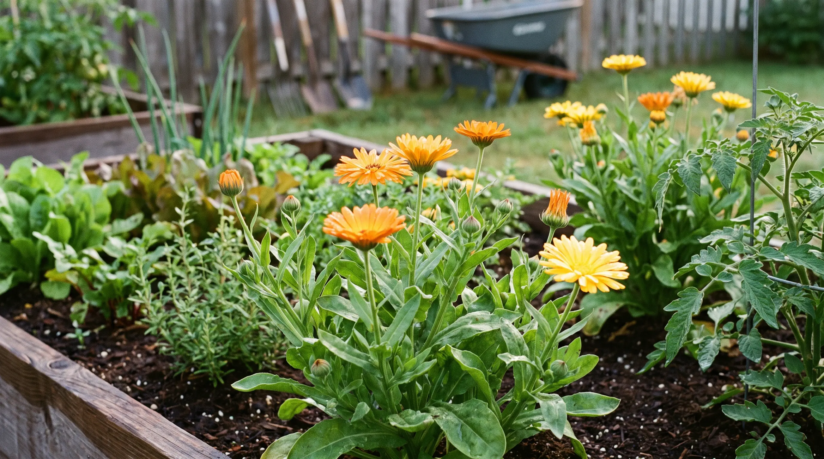 Orange and yellow calendula flowers growing among vegetables in a raised garden bed