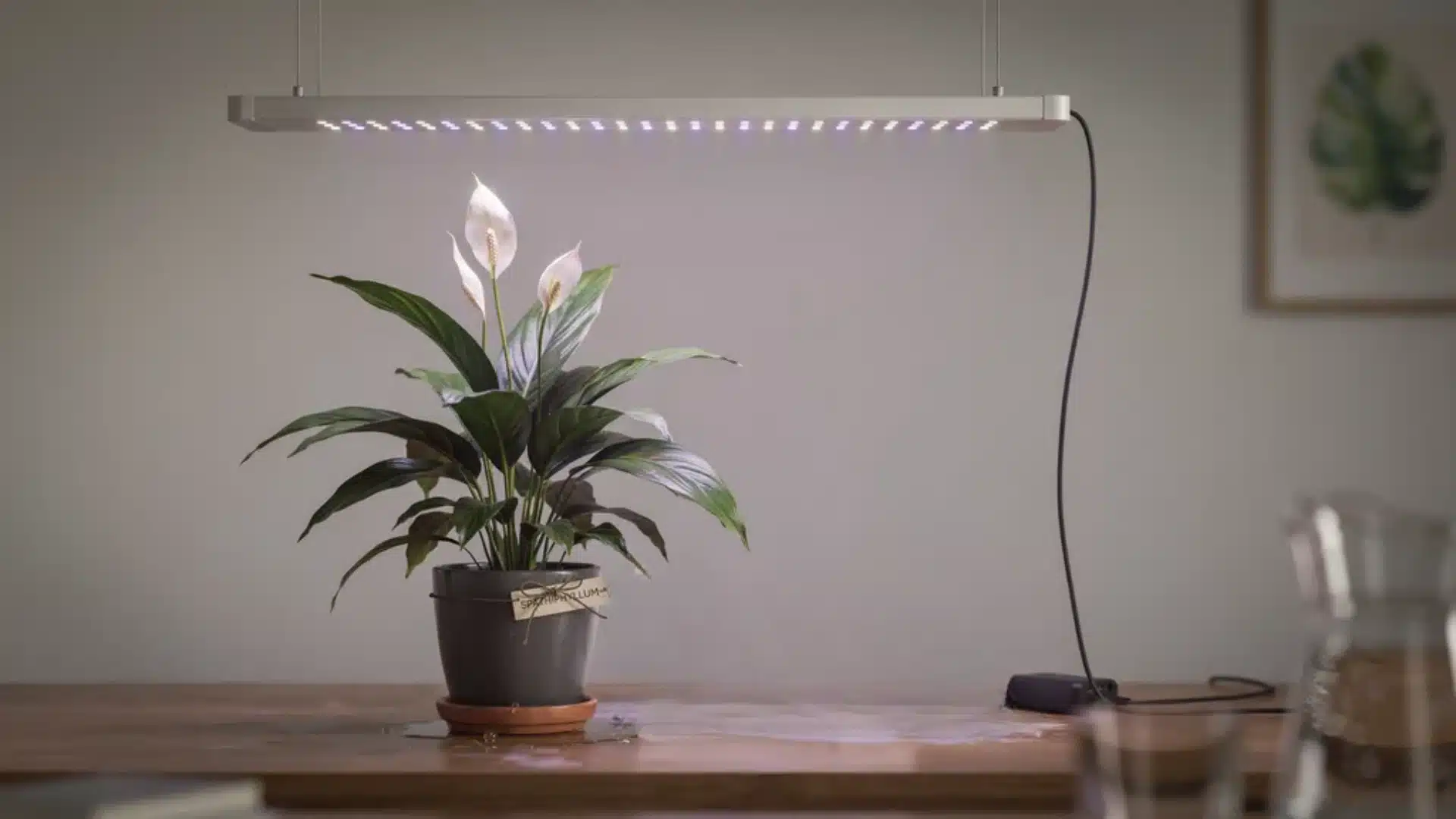 Diagram explaining how grow lights can support peace lilies when natural light is insufficient indoors.