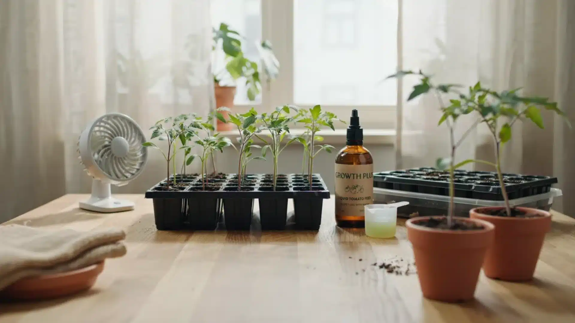 ndoor seed-starting setup on a windowsill with tomato seed packets, trays of seedlings, grow light, spray bottle, and potting tools.
