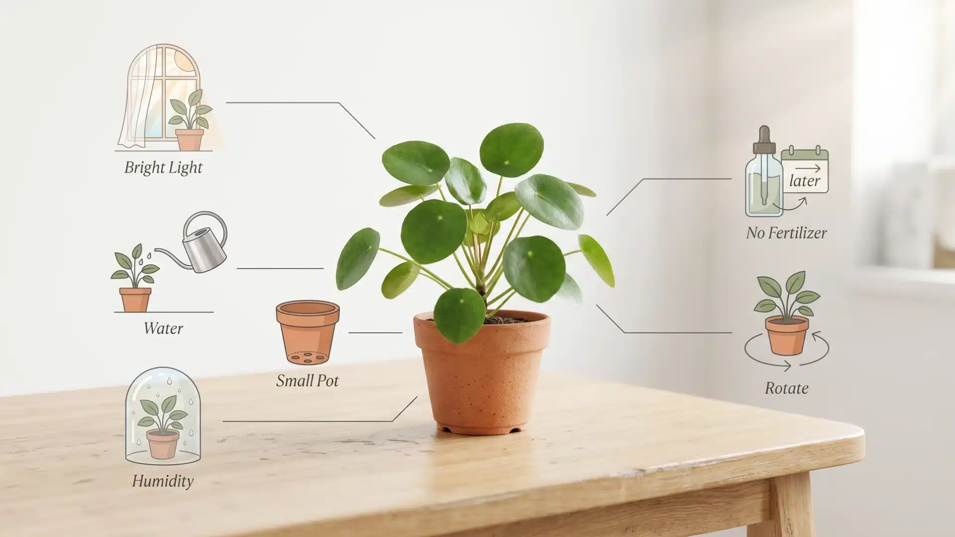 Young propagated Chinese money plant in pot showing indoor care setup near window with healthy green leaves.