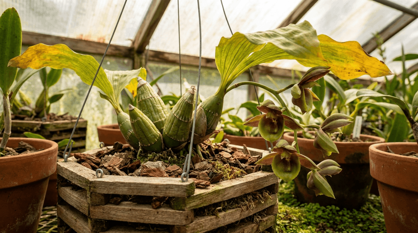 Catasetum orchid with thick pseudobulbs and waxy flowers showing seasonal growth cycle in greenhouse.