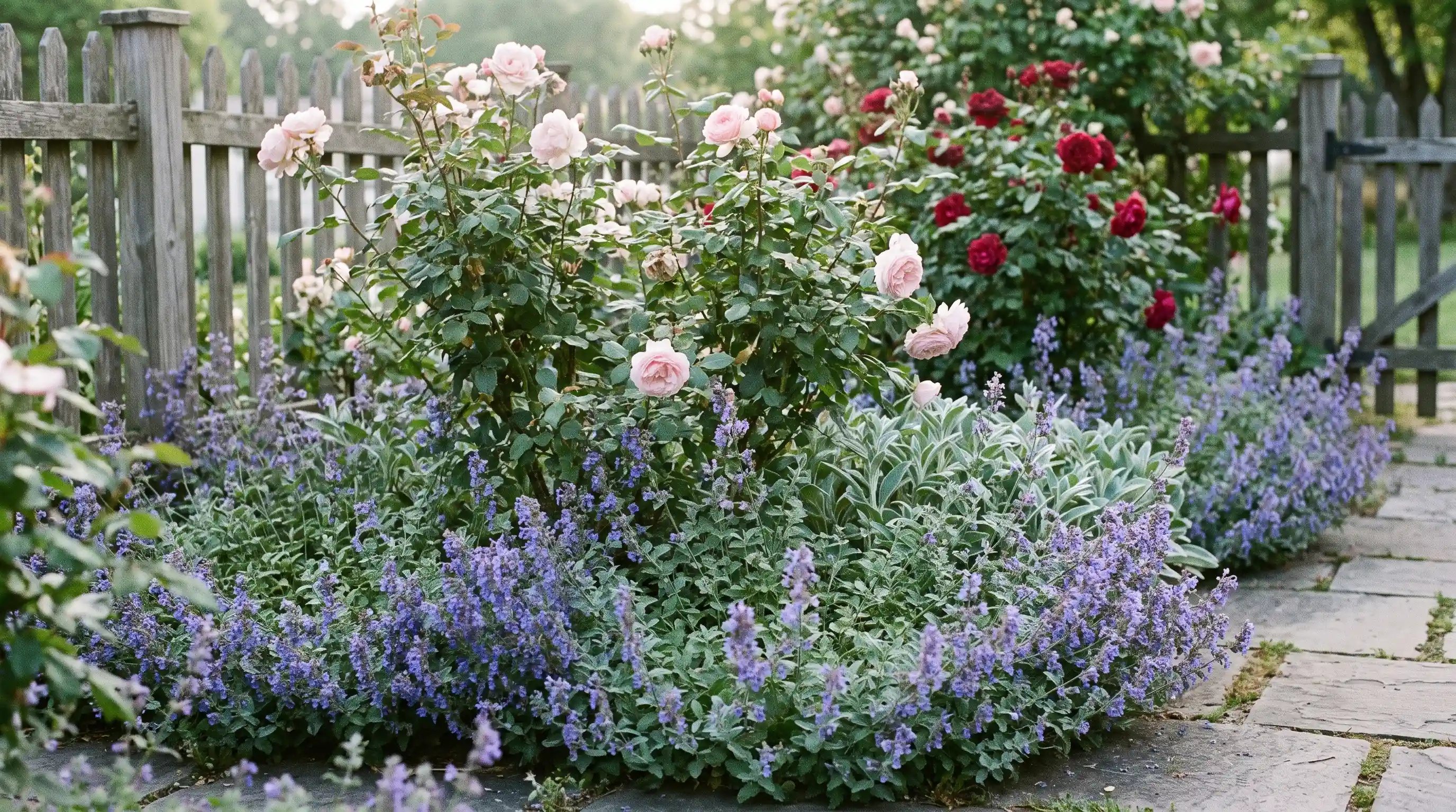 Low growing catmint blooming with blue purple flowers in garden companion plants for roses to keep pests away natural border design.