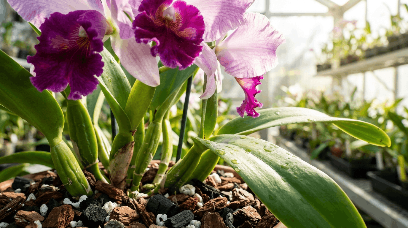 Cattleya orchid with large fragrant purple blooms and visible pseudobulbs in bright indoor growing conditions.