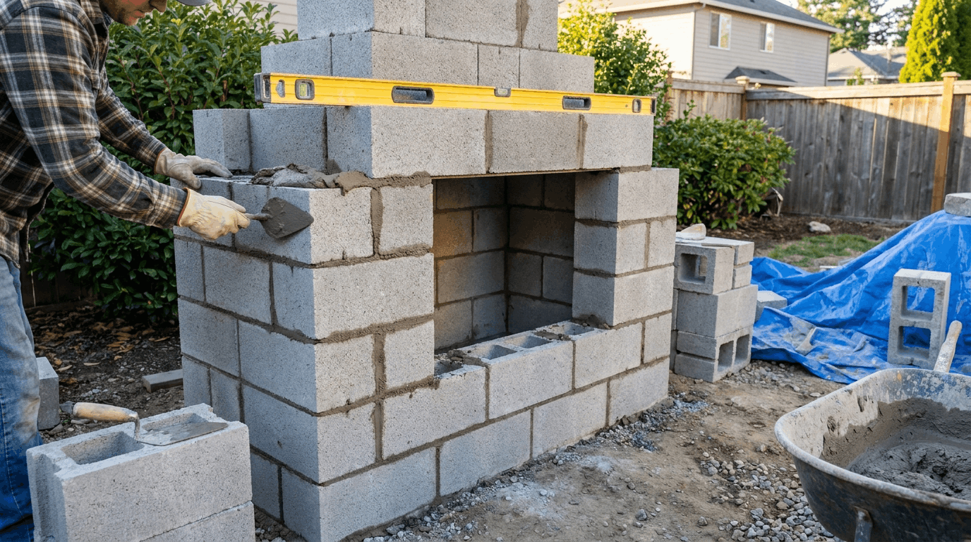 Building cinder block fireplace walls with open firebox structure and masonry tools nearby.