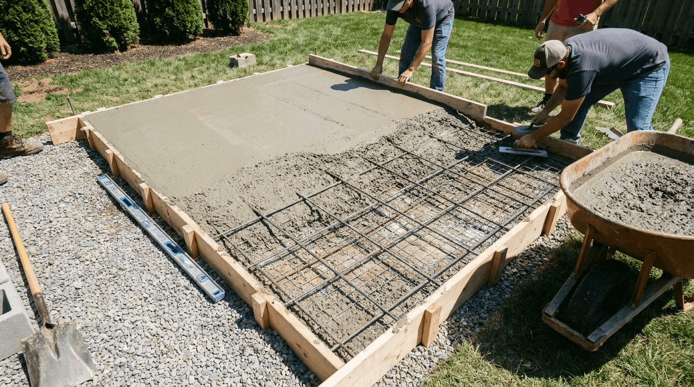 Pouring reinforced concrete foundation pad for a durable outdoor fireplace masonry structure.