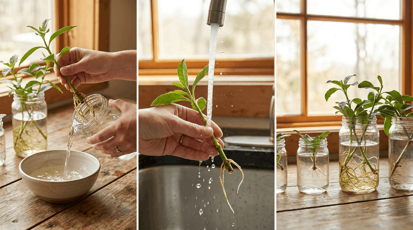 Plant cutting being rinsed and placed into fresh clean water jar during water propagation maintenance routine.