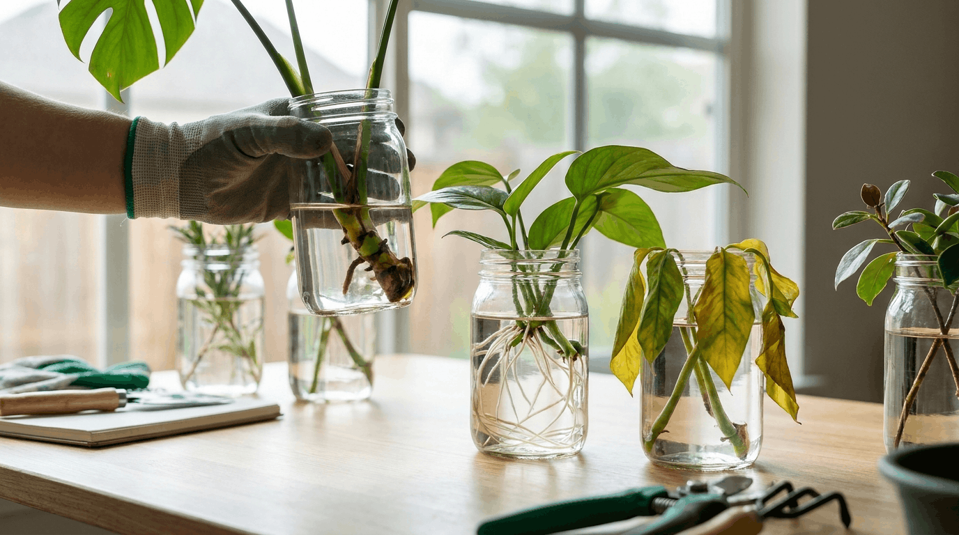 Plant cuttings in jars showing healthy roots, wilting stems and rot comparison during propagation monitoring stage.