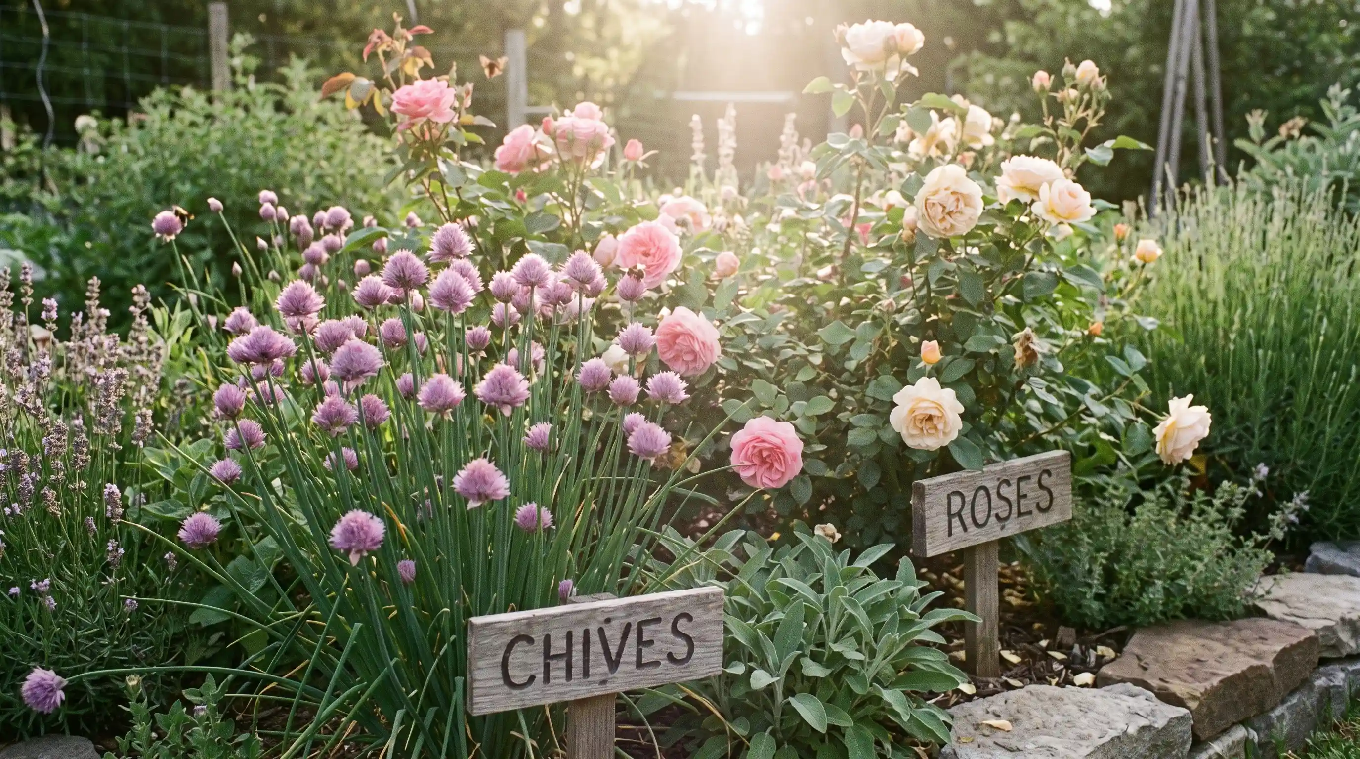 Chives with purple blossoms growing beside rose bushes in herb garden companion plants for roses to keep pests away attracting pollinators.