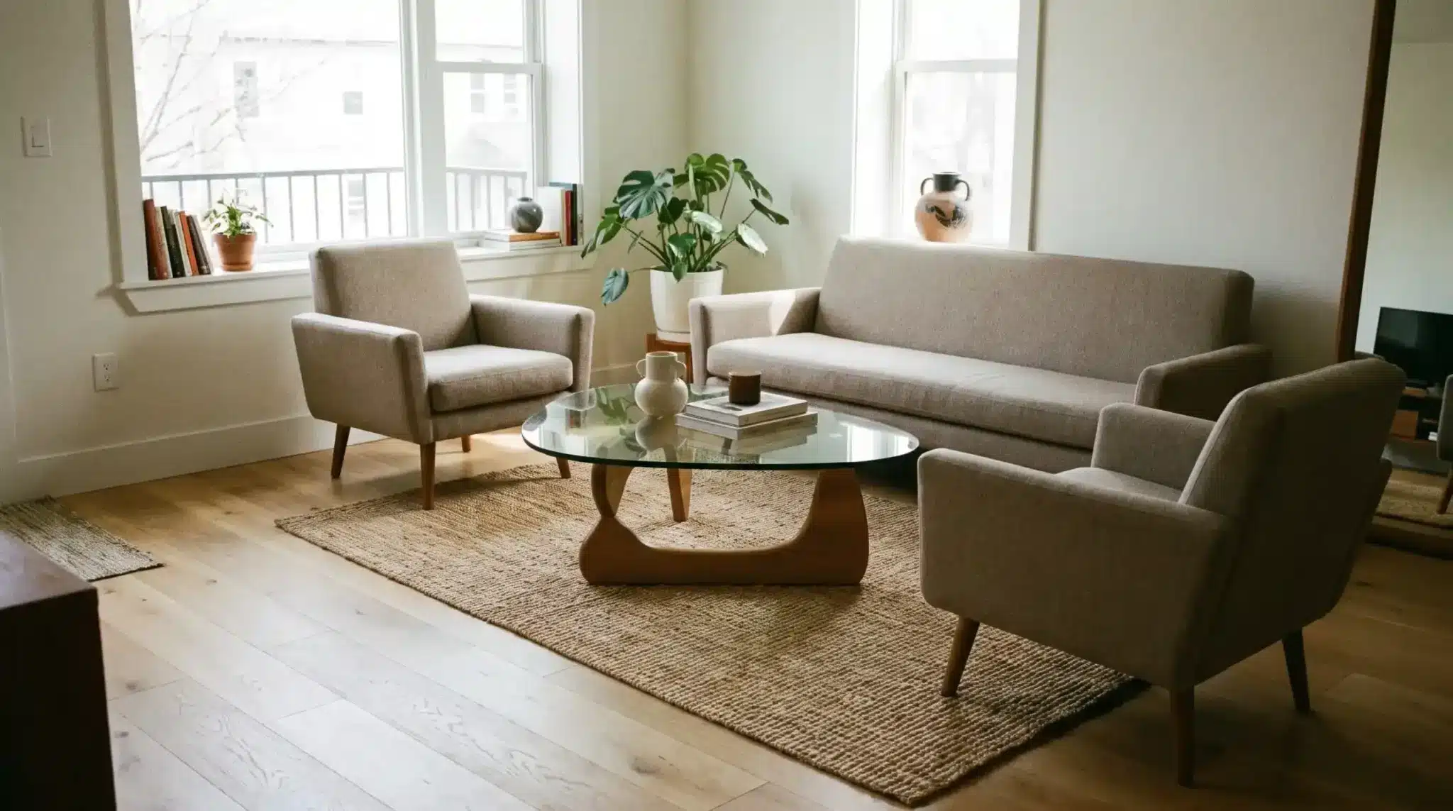 Modern living room with raised-leg furniture to make small living room look bigger by exposing more floor space.