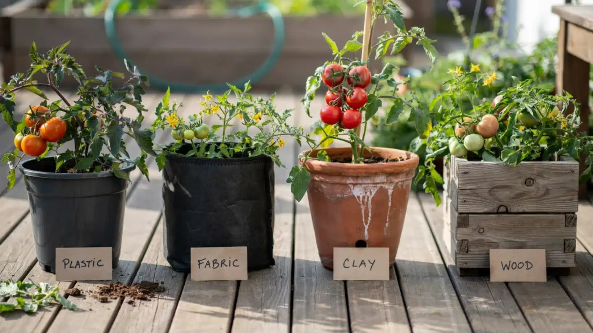 Four tomato plants growing in different containers labeled plastic, fabric, clay, and wood, showing varying growth stages.