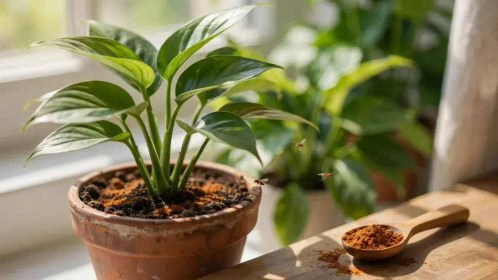Indoor potted plant with cinnamon sprinkled on soil, used as a natural remedy to help reduce fungus gnat infestation.