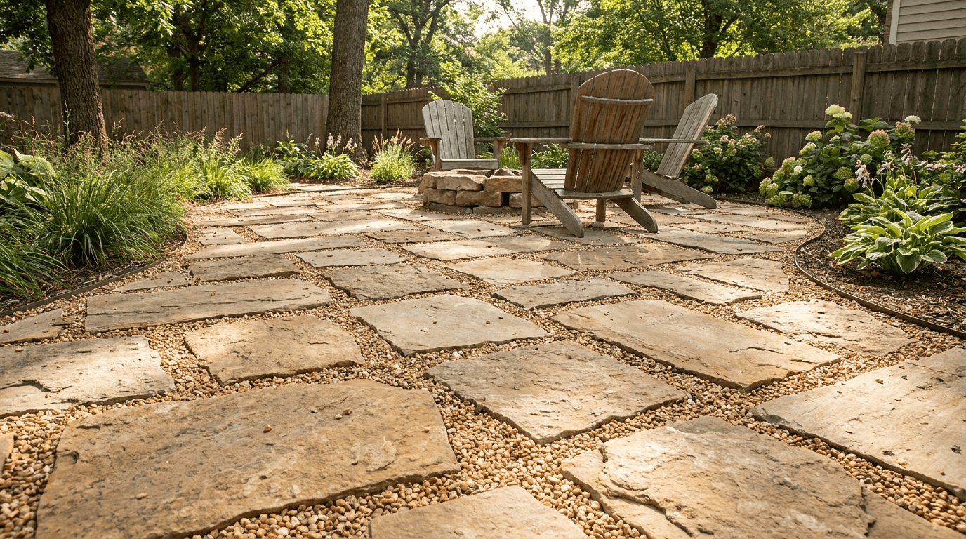 Gravel patio with flat flagstone stepping stones creating a natural walking surface and outdoor seating area.