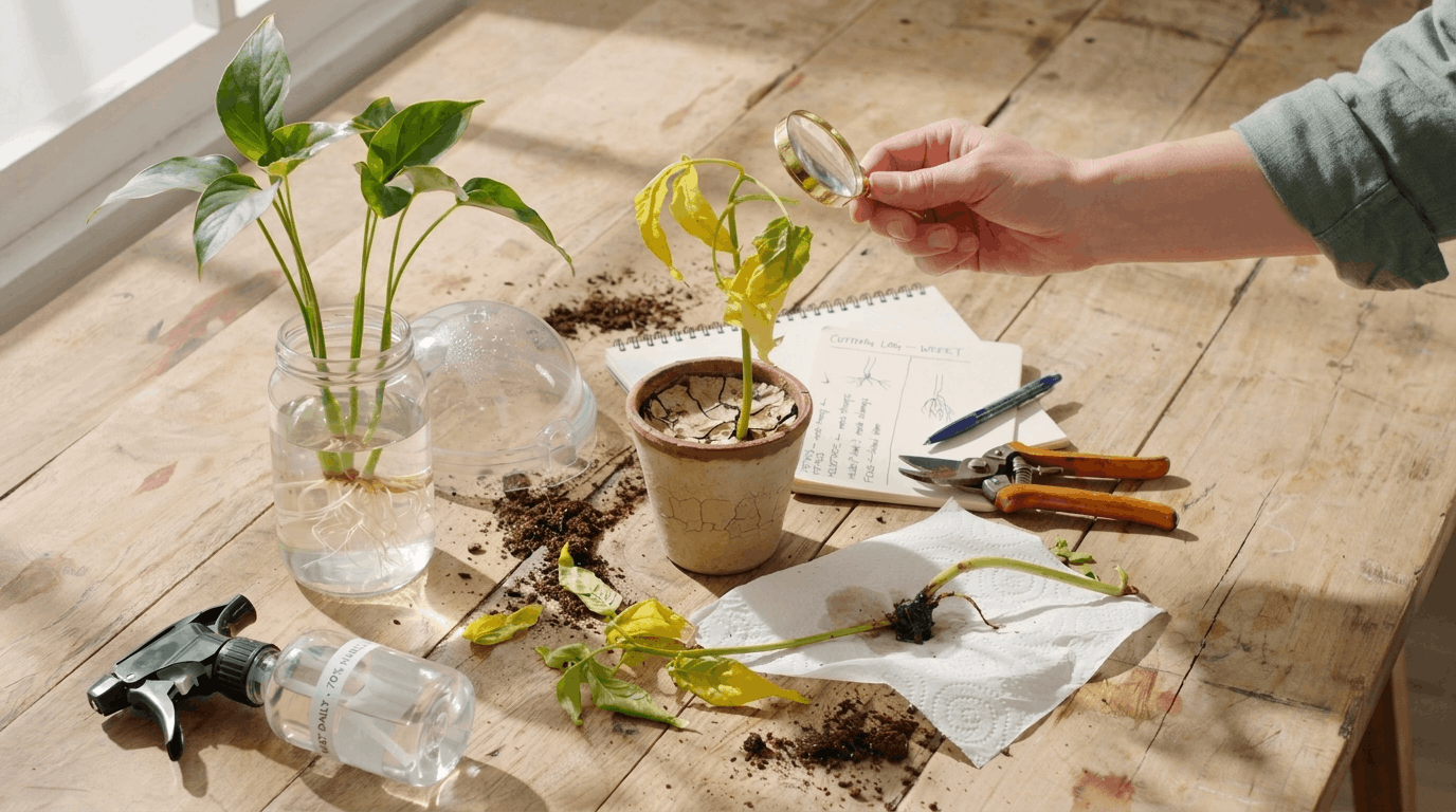 Troubleshooting plant cuttings showing healthy wilting and rotting stages with gardener inspecting propagation results closely.