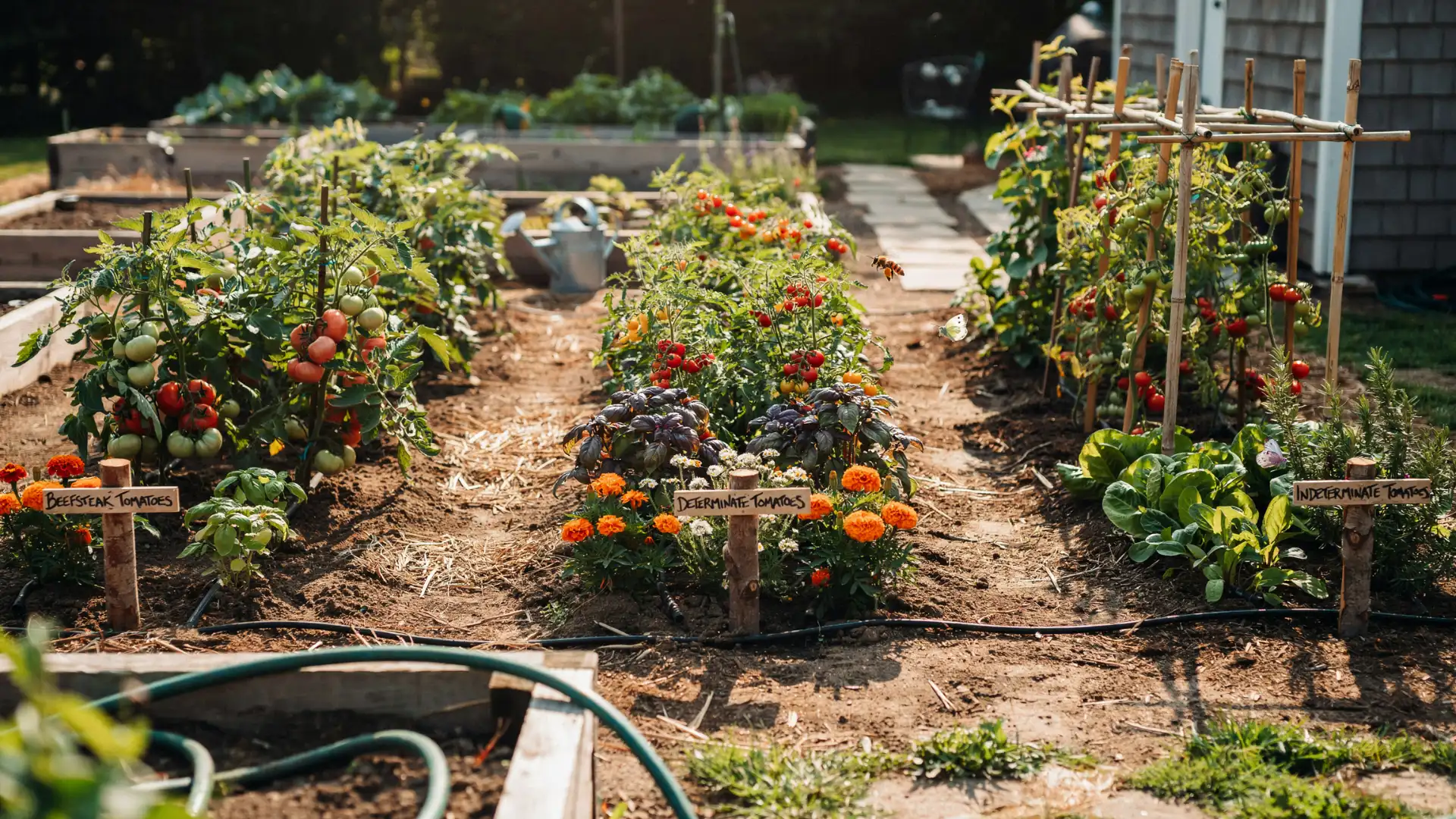Tomato companion illustrating different tomato varieties grown in organized beds, showing how plant grouping by type supports structured growth and better garden management.
