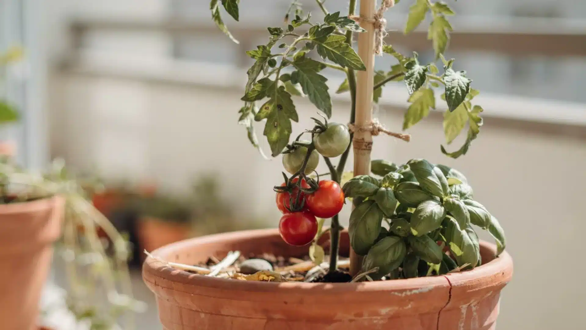 Tomato companion showing tomatoes grown in a container with basil and healthy green foliage, highlighting compact space-friendly gardening