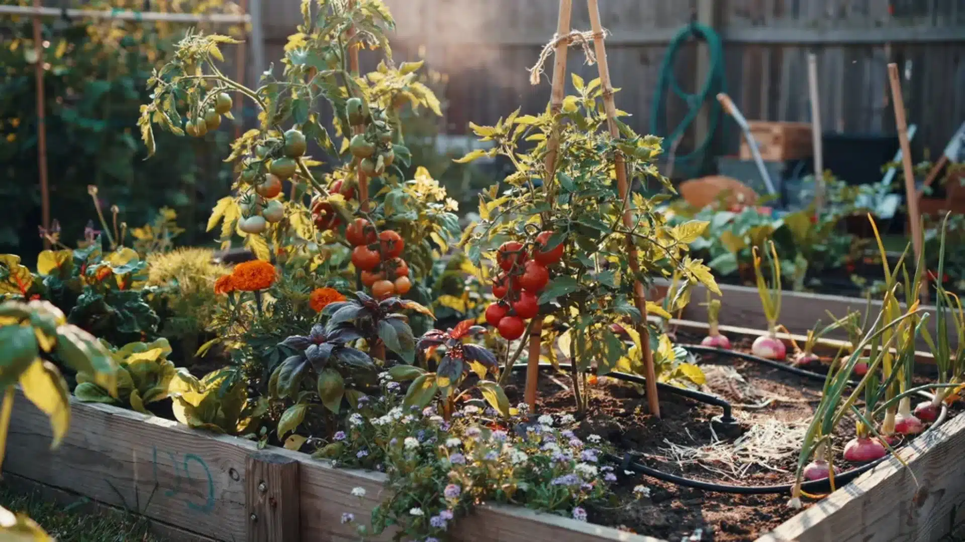Tomato companion in raised beds with mixed vegetables and flowers growing alongside tomatoes, demonstrating efficient spacing and healthy companion planting