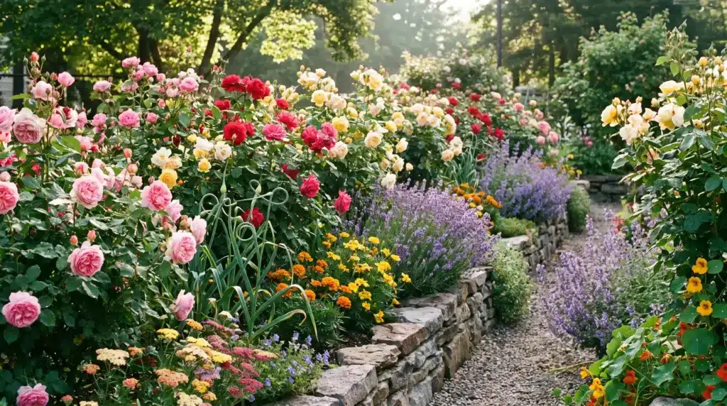 Colorful rose garden with mixed companion plants for roses to keep pests away creating natural pest control and healthy blooms