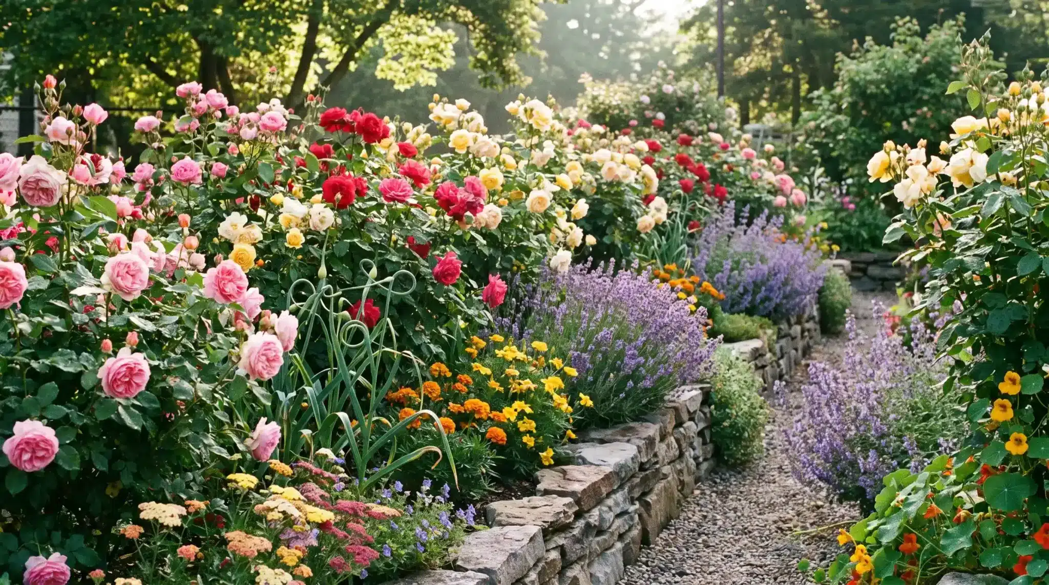 Colorful rose garden with mixed companion plants for roses to keep pests away creating natural pest control and healthy blooms