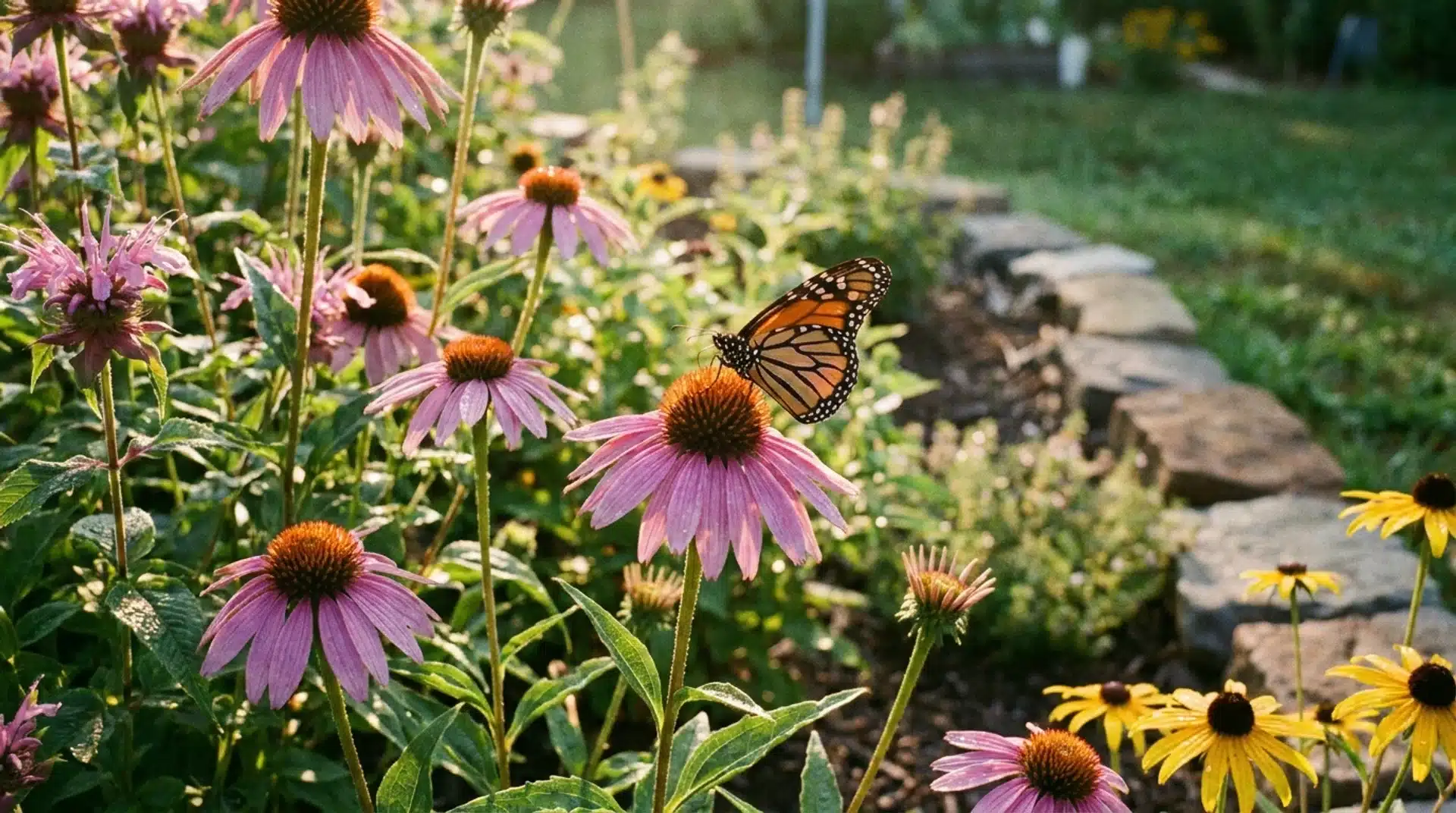 Purple coneflowers with butterflies landing on flowers that attract butterflies in backyard gardens.