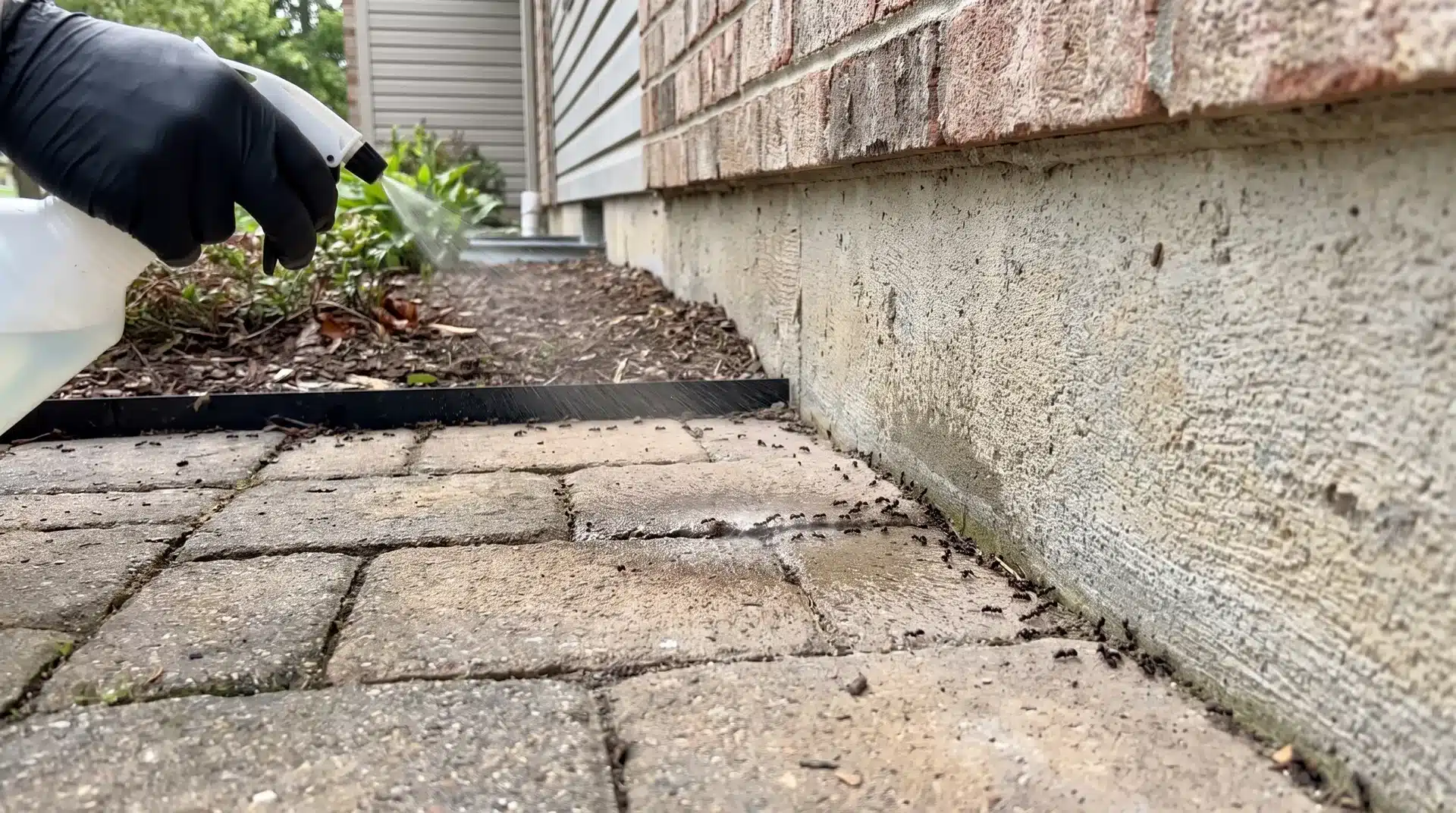 Ant killer outdoor contact spray applied along patio edges to target visible ants near foundation cracks.