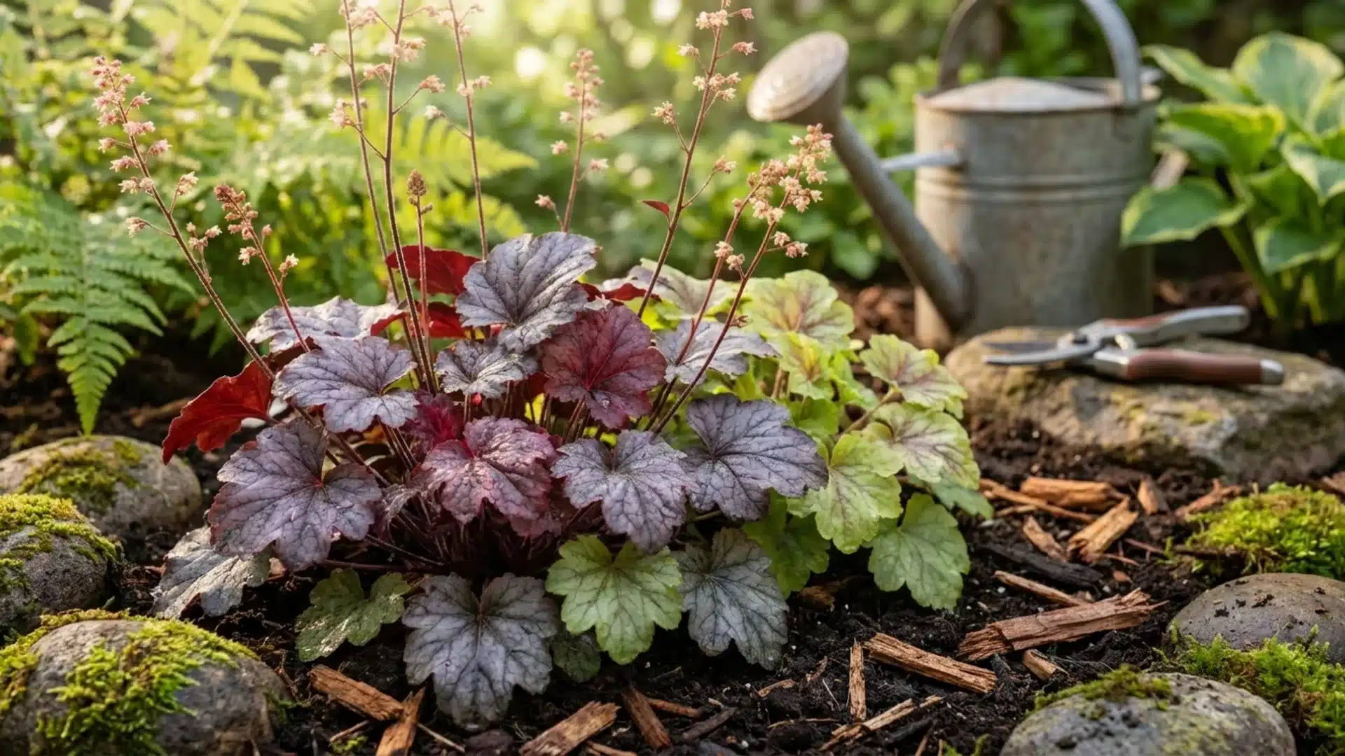 Healthy coral bells plants with colorful foliage growing in a mulched garden bed with gardening tools nearby.