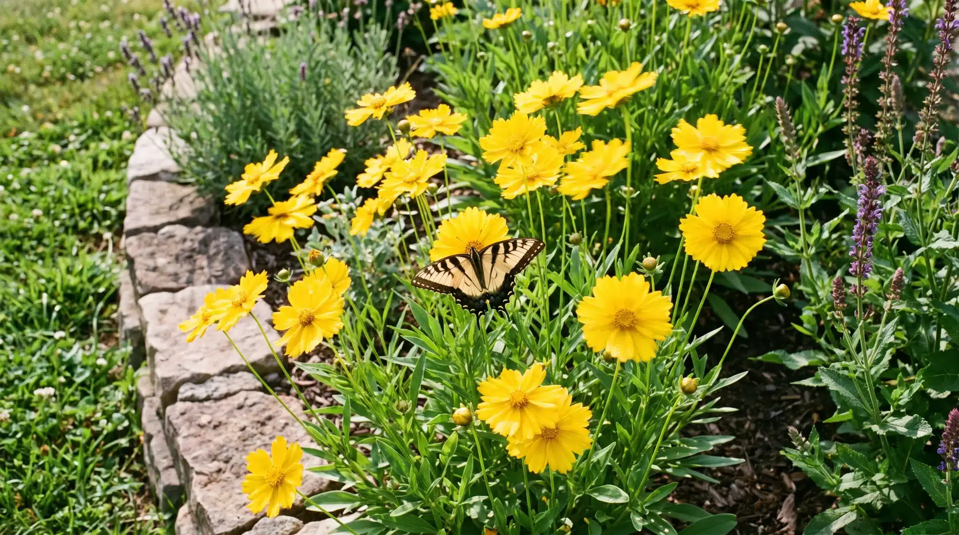 Yellow coreopsis flowers with butterflies showing flowers that attract butterflies along garden borders.