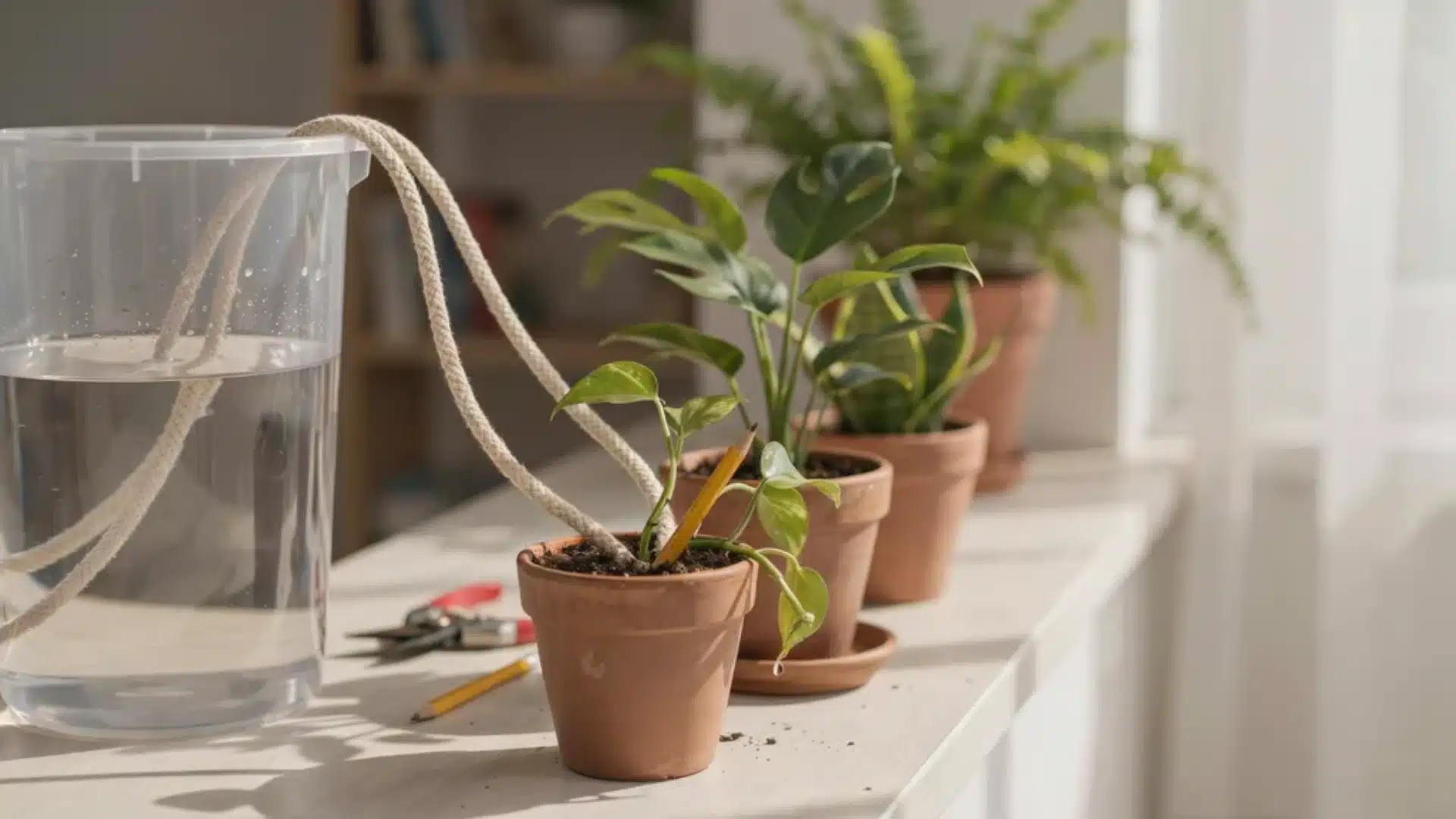 Cotton wick watering system using string to transfer water from reservoir to small potted indoor plants.