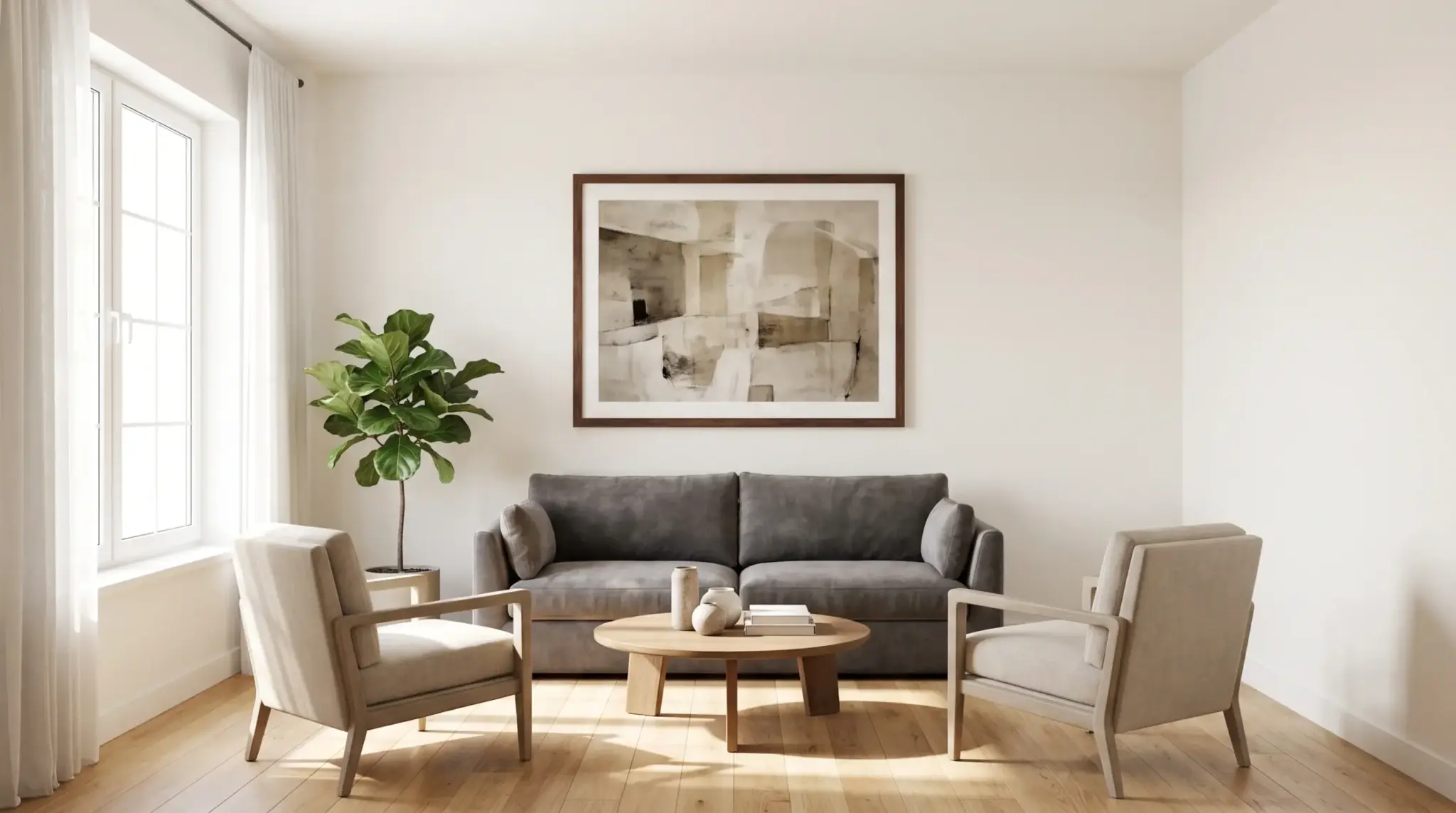 Living room centered around one artwork focal point to make small living room look bigger and less cluttered.