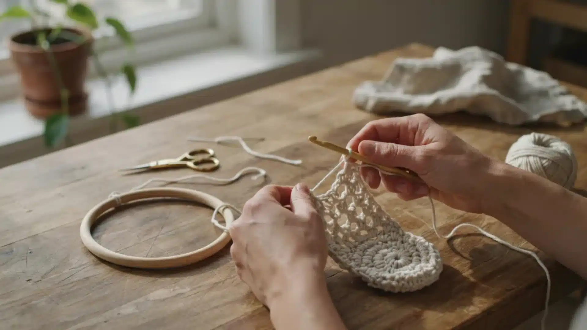 Close-up of hands crocheting a plant hanger using yarn, a hook, and other crafting tools on a wooden table.