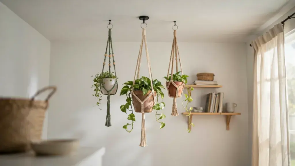 Three macramé plant hangers suspended from ceiling hooks in a bright minimalist room, displaying lush green trailing plants.