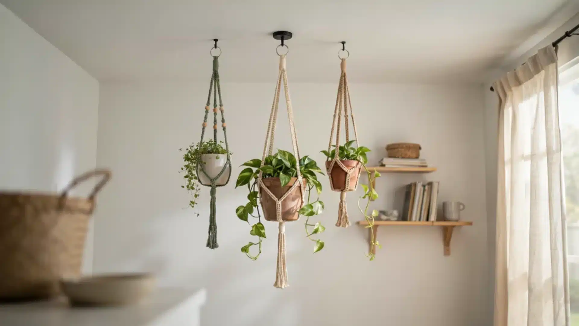 Three macramé plant hangers suspended from ceiling hooks in a bright minimalist room, displaying lush green trailing plants.