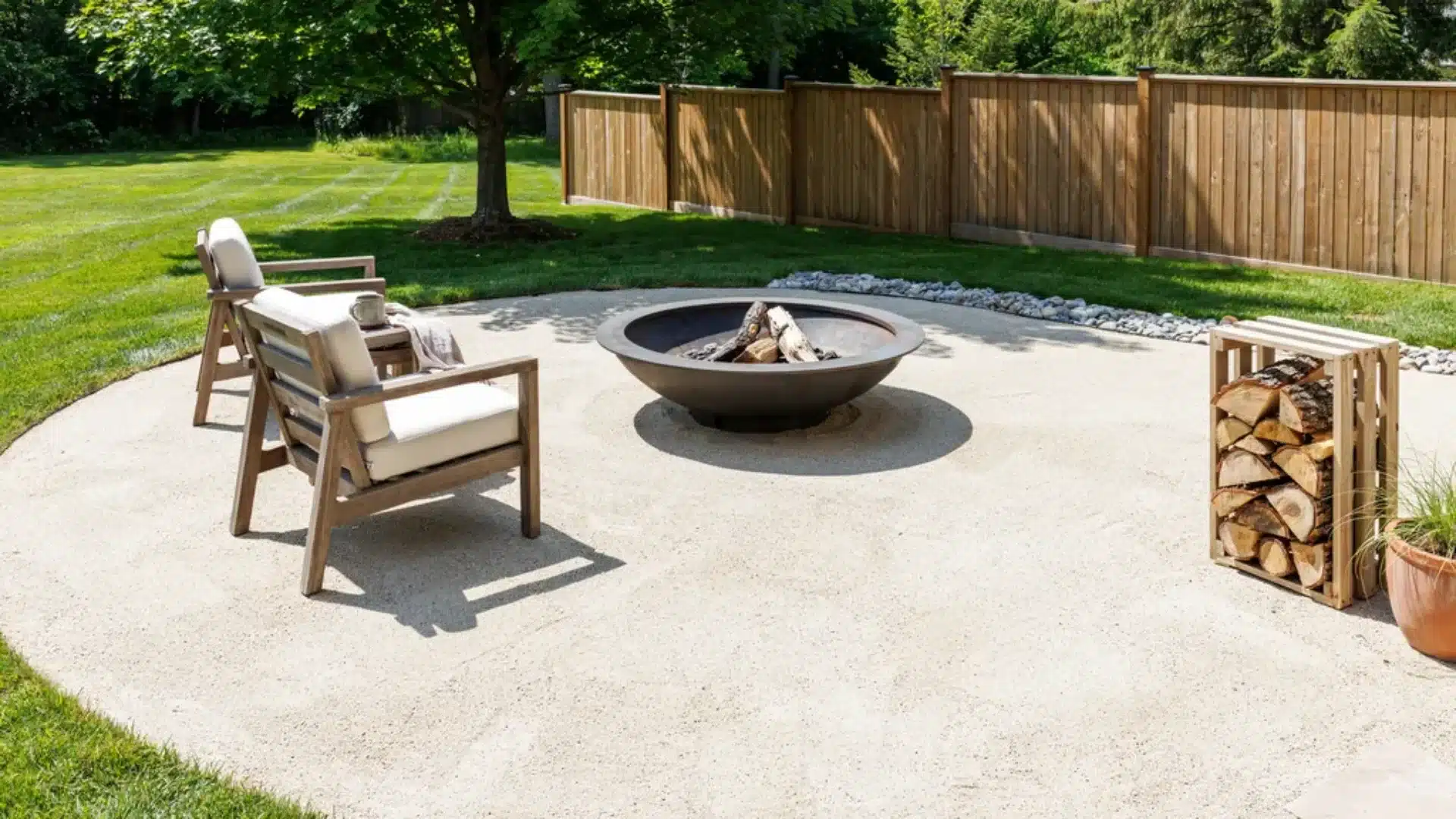 Crushed limestone gravel surface creating a clean and durable foundation for a landscaped backyard fire pit area.
