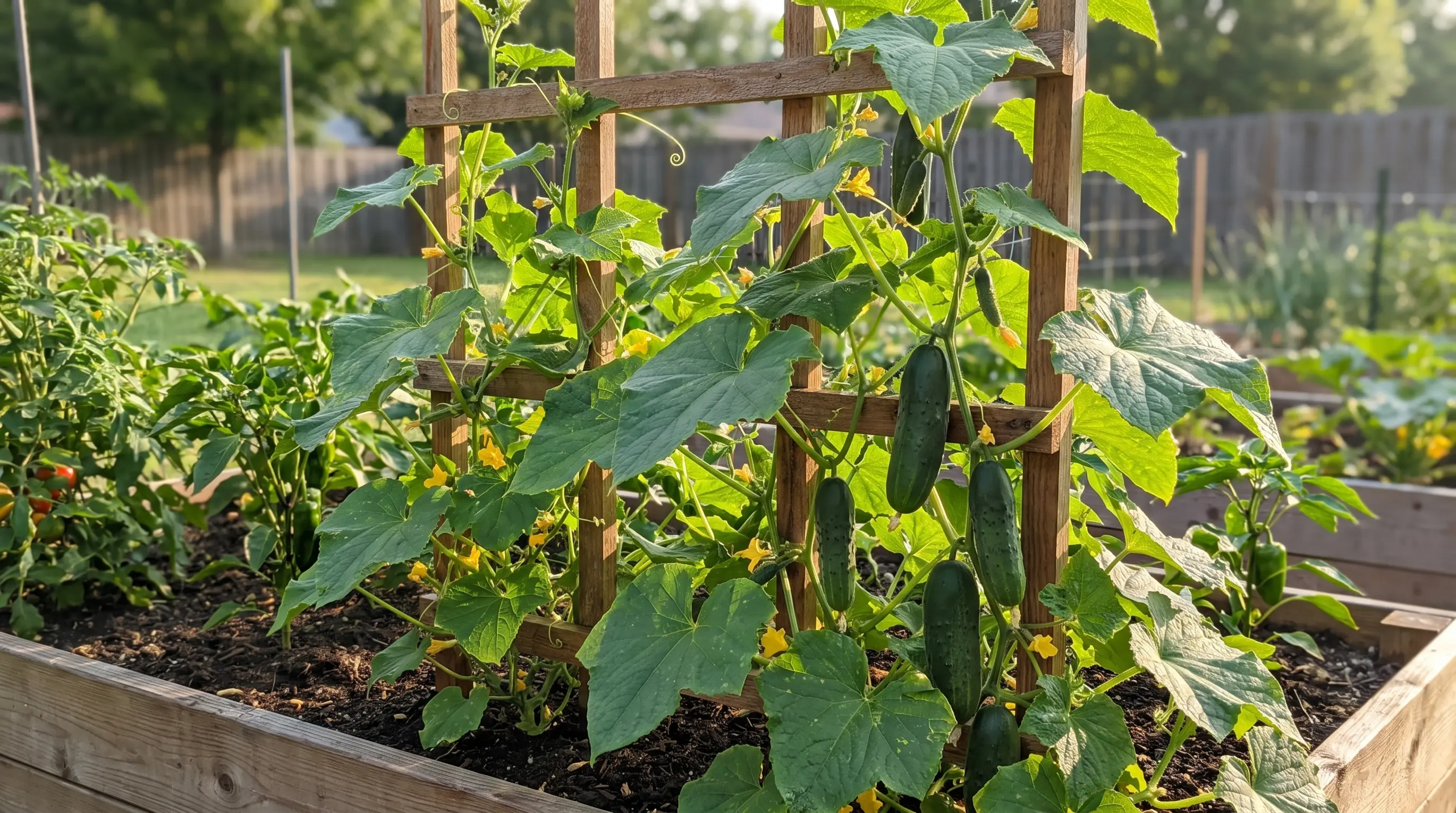 Cucumber vines with green leaves, flowers, and cucumbers growing on a garden trellis