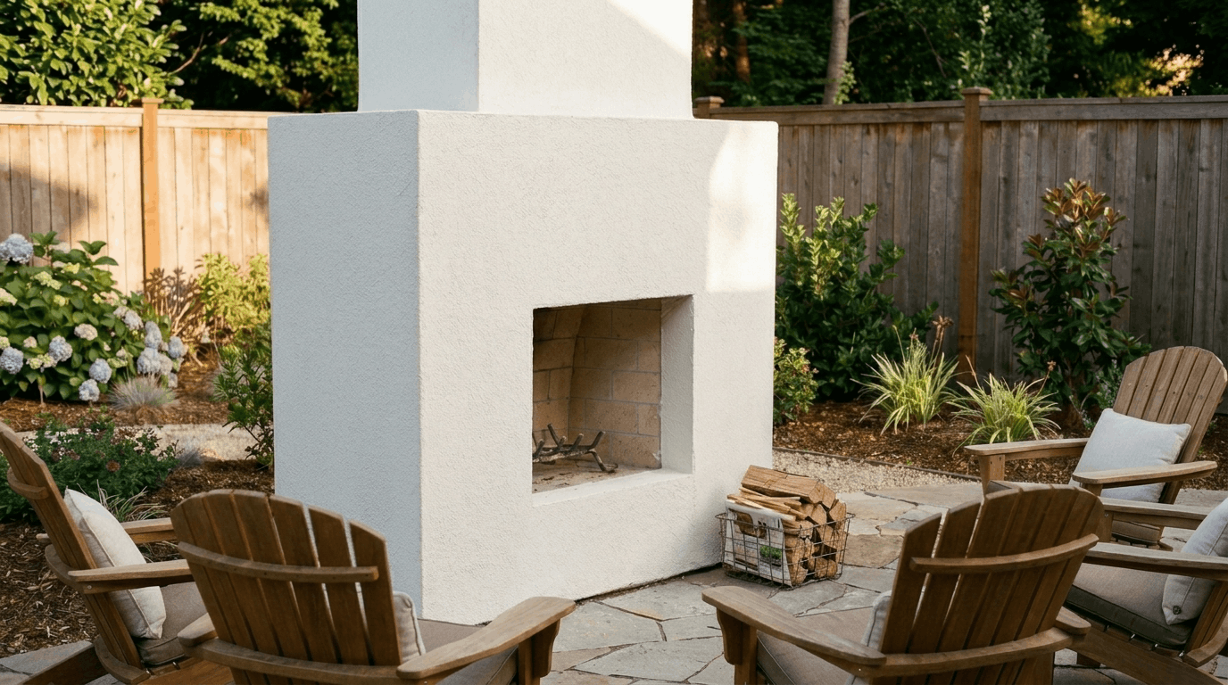 Completed outdoor fireplace drying before first fire with finished masonry and seating area.