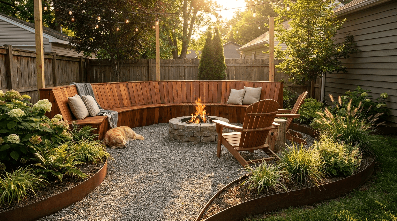 Circular gravel patio with built-in bench seating and fire pit designed for small backyard gatherings.