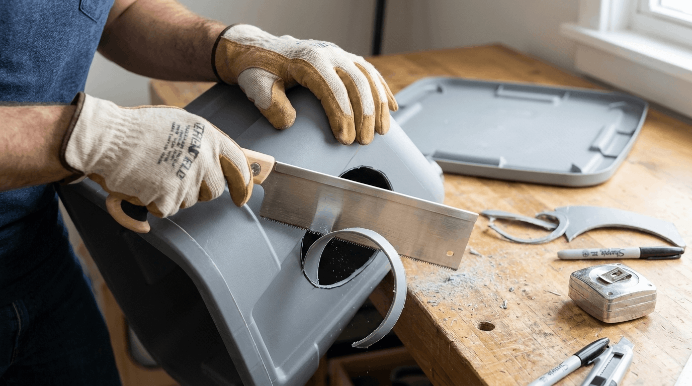 Cutting a smooth circular entrance opening into plastic tote for homemade outdoor cat house project.